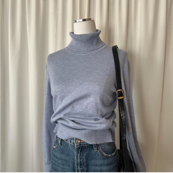 Jeanne Pierre Cashmere blend Ribbed turtleneck Sweater Blue Small. - Picture 5 of 8